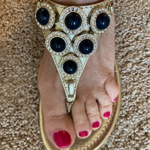 Sparkly gold Lilly Pulitzer sandals with lapis beads encrusted with diamonds - Picture 5 of 9